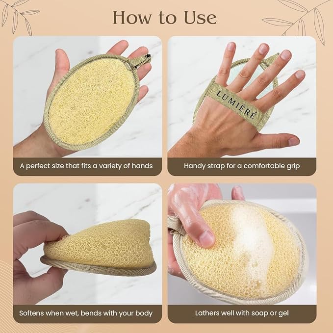 LUMIÈRÈ Natural Egyptian Loofah Sponge 10×16cm Oval Palm Size Body Scrubber for Deep Cleansing and Exfoliation, Bath Shower Exfoliating Sponge, Skin Care, Body Scrubber, Loofah Pad