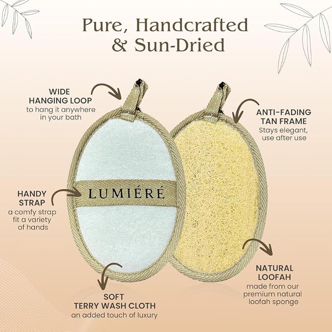 LUMIÈRÈ Natural Egyptian Loofah Sponge 10×16cm Oval Palm Size Body Scrubber for Deep Cleansing and Exfoliation, Bath Shower Exfoliating Sponge, Skin Care, Body Scrubber, Loofah Pad