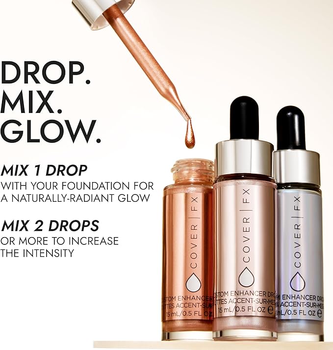 COVER FX Custom Enhancer Drops Liquid Highlighter, Versatile Illuminator, Blend with Foundation and Makeup, Rose Gold, 0.5 Fl Oz